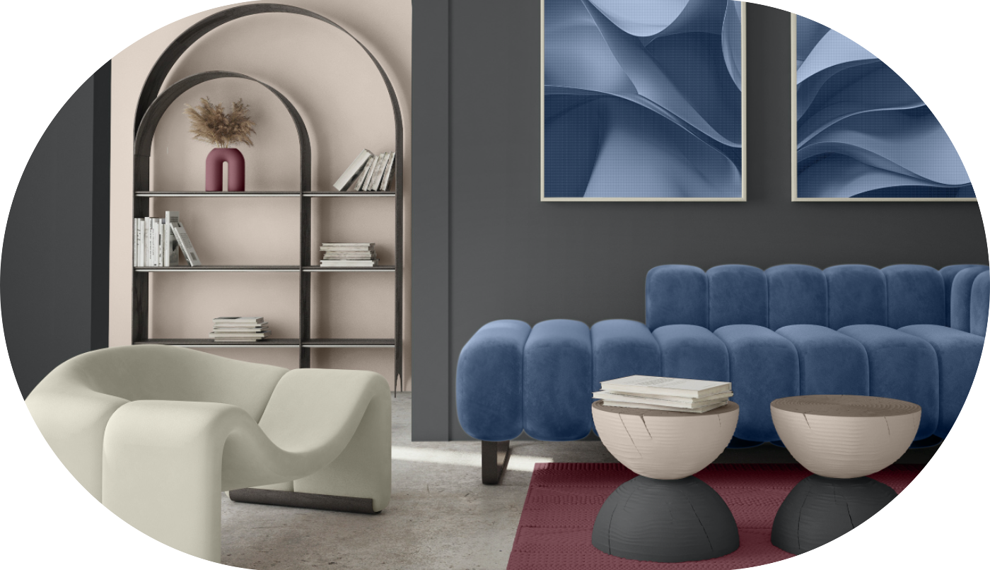 Tendances couleur Dulux 2025 1 salon mur gris foncé canapé bleu fauteuil blanc